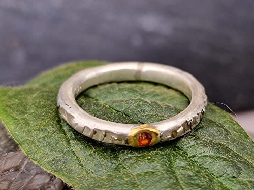 LeoLars-PABE Saphir Design Ring, Gr.57 (18.7), aus 925er Silber mit Feingold Fassung, gehämmert, oranger Saphir, Unikat, Handarbeit