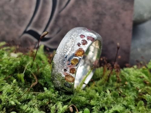 LeoLars-PABE Sandguss Design regenbogen Ring, Gr. 62-63 (19,9), mit eingegossenen echten bunten Edelsteinen aus 925er Silber, Handarbeit, Unikat