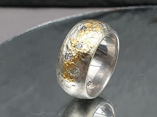LeoLars-PABE Design Ring aus 925er Silber mit Feingoldeinlage und 5 Diamanten, Gr.55, Structure Design, Unikat, Handarbeit