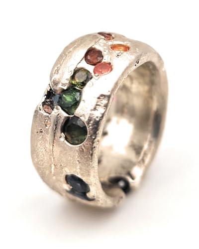 LeoLars-PABE Sandguss Design Ring, Gr.62, aus 925er Silber, mit verschiedenen echten eingegossenen Edelsteinen, Turmaline, Saphire, Rubine, Smaragde, Unikat, Handarbeit