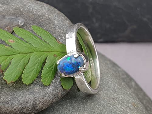 LeoLars-PABE Schwarzer Opal Ring, Gr.54, aus 925er Silber, Krappenfassung, grün-blau, Unikat, Handarbeit
