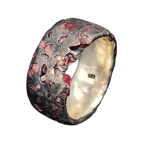 LeoLars-PABE Vulkan Design Sandguss Ring, Gr. 62 (19,7), mit eingegossenen Spinellen, aus 925er Silber, sehr massiv, geschwärzt, Sandguss typische oberfläche, Unikat, Handarbeit