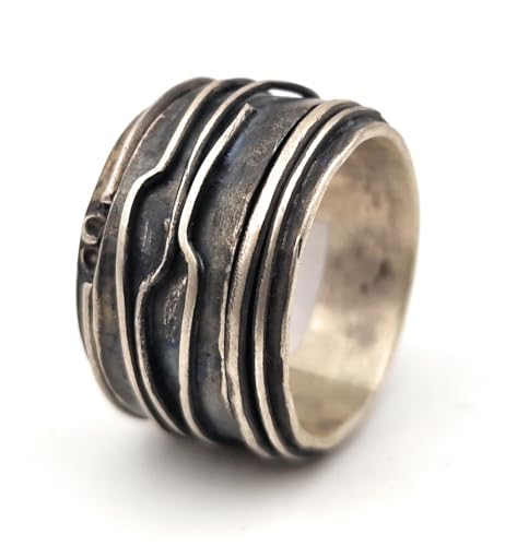LeoLars-PABE Herren Spinner Design Ring, Gr.72, aus 925er Silber, massiv, drehbar, stilisiertes Wellenmuster, teilgeschwärzt, Unikat, Handarbeit