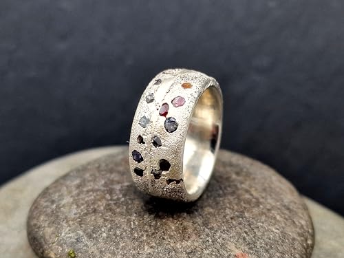 LeoLars-PABE Design Sandguss Ring, Gr.53 (16,8), aus 925er Silber mit eingegossenen echten verschiedenen Edelsteinen, Sandguss Oberfläche, Nr.60, Unikat, Handarbeit
