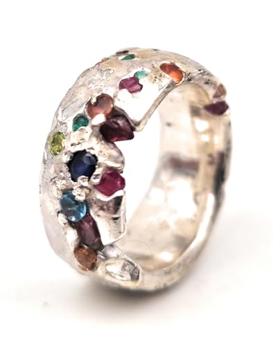 LeoLars-PABE Bunter rockiger Design Sandguss Ring, Gr.61 (19,2), aus 925er Silber mit verschiedenen echten eingegossenen Edelsteinen, Unikat, Handarbeit