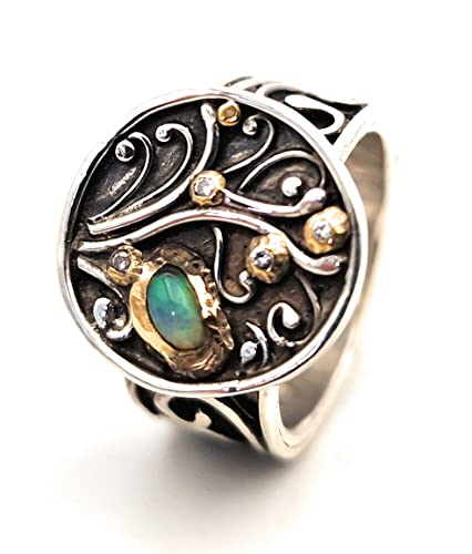 LeoLars-PABE Lightning Ridge Opal Design Filigree Ring, Gr.57 (18.2), aus 925er Silber mit vier Diamantan in Feingold Fassungen, geschwärzt, Unikat, Handarbeit