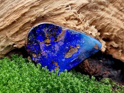 LeoLars-PABE Boulder Opal Anhänger gebohrt mit 60cm Lederband, Elektric Blue Opalfeuer, sehr brilliant, Opal 30,6x23x9,8mm, Unikat, Handgeschliffen