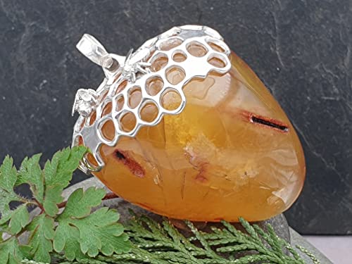 LeoLars-PABE Großer Nordsee Honig Bernstein Design Anhänger aus 925er Silber, Honigwaben, Bienen, Unikat, Handarbeit