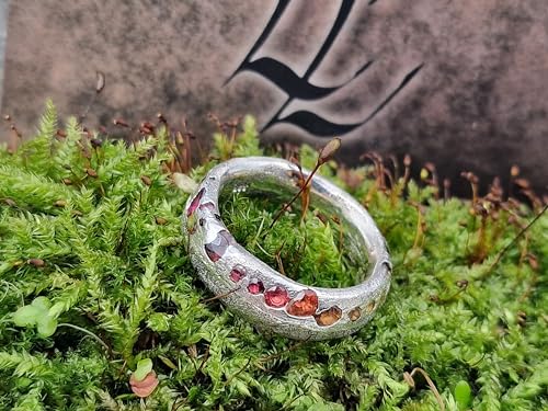 LeoLars-PABE Sandguss Regenbogen Design Ring, Gr. 62-63 (19,9), mit bunten echten eingegossenen Edelsteinen aus 925er Silber, Unikat, Handarbeit