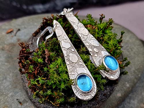 Blautopas Ohrhänger aus 925er Silber im Design "alter Spitzenstoff", mit Brisuren, Unikat, Handarbeit