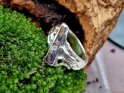 LeoLars-PABE Boulder Opal Design Ring, Gr.58, aus 925er Silber im organischen Design, Opal Multicolor, natürlich, wie gewachsen, Unikat, Handarbeit