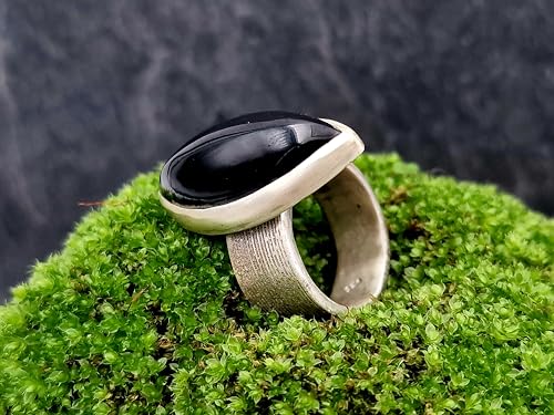 LeoLars-PABE Schwarzer Onyx Design Ring, Gr.54, aus 925 Silber, Gras Oberflächen Struktur, teilgeschwärzt, Navette, Unikat, Handarbeit