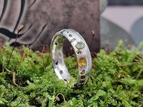 LeoLars-PABE Bunter Sandguss Design Ring, Gr.60 (19), aus 925er Silber mit verschiedenen echten eingegossenen Edelsteinen, Unikat, Handarbeit