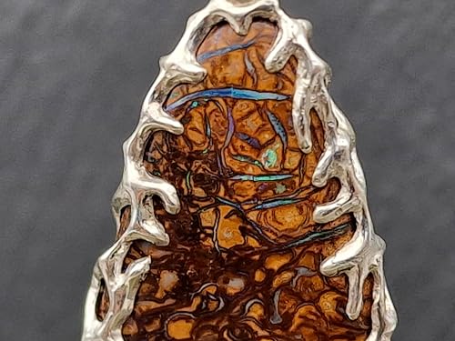 LeoLars-PABE Tribal Design Boulder Opal Anhänger aus 925er Silber mit herrlichem Muster und partiellem Opalfeuer, beidseitig Tragbar, Unikat, Handarbeit