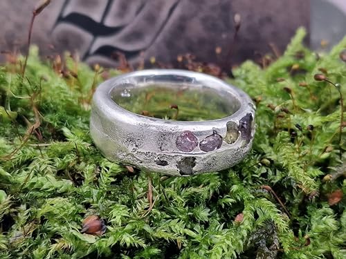 LeoLars-PABE Bunter Design sandguss Ring, Gr.64 (20,2), aus 925er Silber mit eingegossenen bunten echten Edelsteinen, massiv, Handarbeit, Unikat