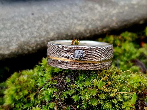 LeoLars-PABE Design Ring mit Rohdiamant Würfel aus 925er Silber und Feingoldband, Gr.55, Sepiaguss Oberfläche, Unikat, Handarbeit