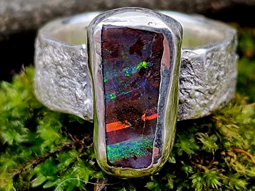 LeoLars-PABE Design Ring im Structure Design Stein mit Boulder Opal mit bunten Opalfeuer Streifen, Gr.61, Opal 16.3x7.1mm, Unikat, Handarbeit