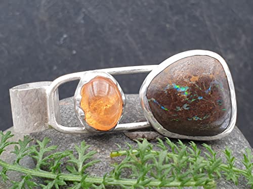 LeoLars-PABE Boulder Opal, Mandarin Granat Anhänger aus 925er Silber, Röhrchen mit Muster, Unikat, Handarbeit