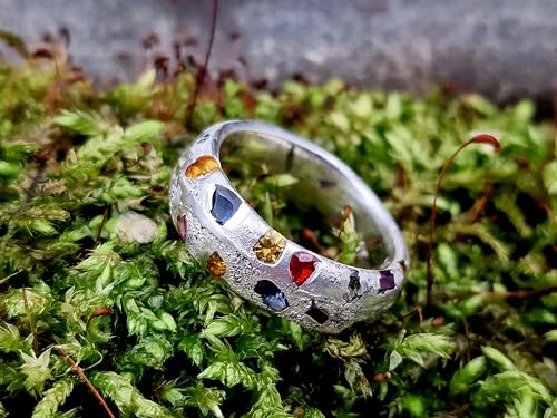 LeoLars-PABE Mehrfarbiger Design sandguss Ring, Gr. 54 (17), mit verschiedenen echten eingegossenen Edelsteinen aus 925er Silber, Nr.62, Unikat, Handarbeit