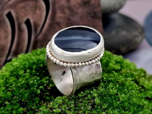 LeoLars-PABE Onyx Design Ring, Gr.58-59, aus 925er Silber, gehämmert, mit Perldraht Rahmen, massiv, Unikat, Handarbeit