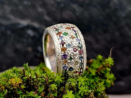 LeoLars-PABE Frühlingsblumen Design Ring, Gr. 56, aus 925er Silber mit verschiedenen echten Edelsteinen, eismattiert, massiv, Unikat, Handarbeit