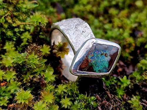LeoLars-PABE Boulder Opal Design Ring, Gr.53-54, aus 925er Silber im Structure Design Stein, Opal mehrfarbig 18.3mm x 10.3mm, Unikat, Handarbeit