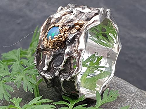 LeoLars-PABE Organic Design Ring, 925er Silber, Gr.58-59, mit schwarzem Opal in Feingold Fassung, teilgeschwärzt, Unikat, Handarbeit