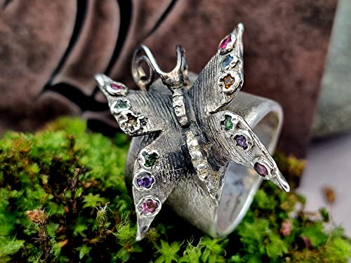 LeoLars-PABE Schmetterling Design Ring, Gr. 59, aus 925er Silber mit verschiedensten echten Edelsteinen und geschwärzter echter Pampasgrasstruktur, Unikat, Handarbeit