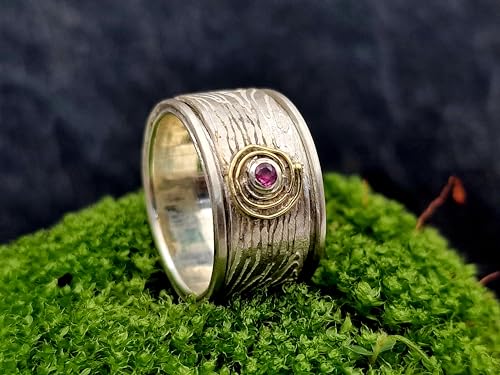 LeoLars-PABE Rubin Spinner Design Ring, Gr.57, aus 925er Silber mit Holzmaserung und 585er Goldschnecke um den Rubin, Unikat, Handarbeit