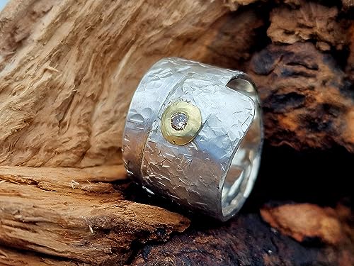 LeoLars-PABE Breiter Wickel Design Ring mit 3mm cognacfarbenem Brilliant, aus 925er Silber mit 585er Goldfassung, Gr.60/61, Unikat, Handarbeit