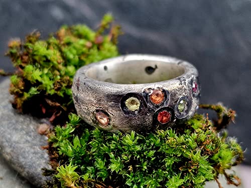 LeoLars-PABE Sandguss Design Ring, Gr.58, aus 925er Silber mit eingearbeiteten verschiedenen echten Edelsteinen, massiv, teilgeschwärzt, Unikat, Handarbeit