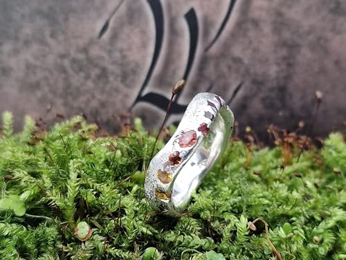 LeoLars-PABE Geschwungener Sandguss Design Ring, Gr.57 (18,2), aus 925er Silber mit eingegossenen bunten echten Edelsteinen, Unikat, Handarbeit