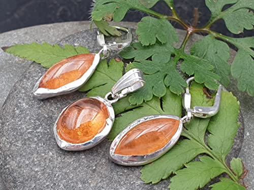 LeoLars-PABE Mandarin Granat Set, Anhänger - Ohrhänger aus 925er Silber, Satte Farbe, Brisuren, Unikat, Handarbeit