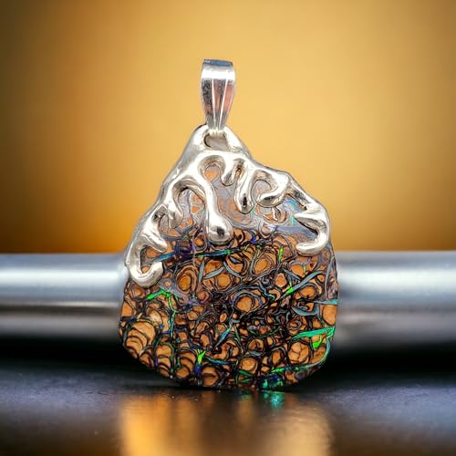 LeoLars-PABE Boulder Opal Design Anhänger aus 925er Silber mit herrlichem Muster und vielen Opaladern mit grünen und anderen Farben brilliantem Opalfeuer, Opal 26,5 x 23,8mm, Unikat, Handarbeit