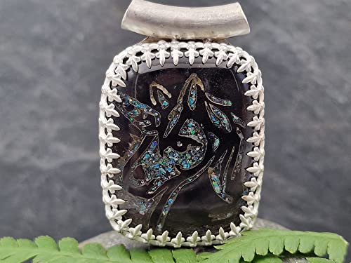 LeoLars-PABE Einhorn Anhänger aus 925er Silber, Obsidian mit Opalsplittern, Carving, Galerie Fassung, Filigree, Unikat, Handarbeit