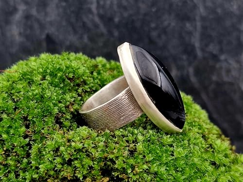 LeoLars-PABE Schwarzer Onyx Design Ring, Gr.54, aus 925 Silber, Gras Oberflächen Struktur, teilgeschwärzt, Navette, Unikat, Handarbeit