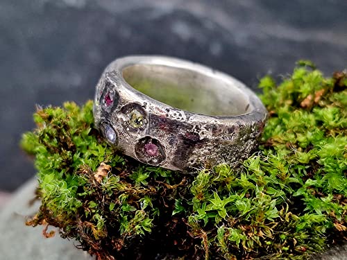 LeoLars-PABE Sandguss Design Ring, Gr.58, aus 925er Silber mit eingearbeiteten verschiedenen echten Edelsteinen, massiv, teilgeschwärzt, Unikat, Handarbeit