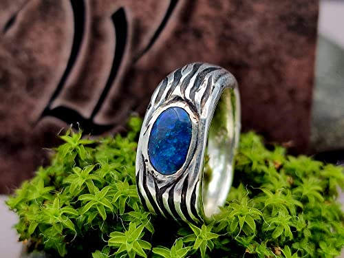 LeoLars-PABE Schwarzer Opal Wellen Design Ring, Gr.58, aus 925er Silber, Opal grün-blaues Opalfeuer, teilgeschwärzt, massiv, Unikat, Handarbeit