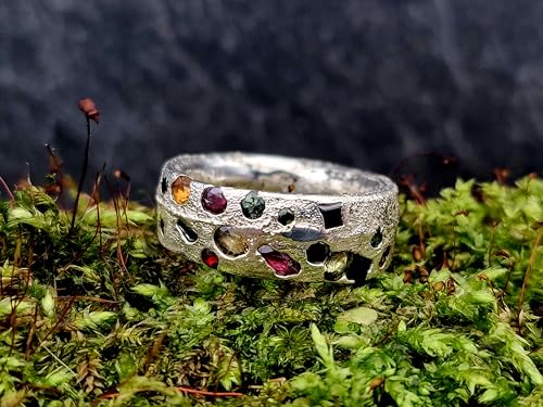LeoLars-PABE Design Sandguss Chaos Ring, Gr.56 (17,8), mit echten eingegossenen verschiedensten Edelsteinen aus 925er Silber, Nr.52, Unikat, Handarbeit