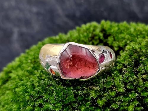 LeoLars-PABE Rosa Turmalin Sandguss Design Ring, Gr.61 (19,2), aus 925er Silber mit 585er Gold und mit eingegossenen Edelsteinen, Unikat, Handarbeit