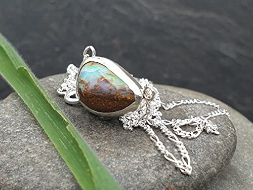 Boulder Opal Anhänger aus 925er Silber mit 47cm Silberkette, Opal 14.5x9.4mm, Unikat, Handarbeit