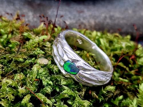 LeoLars-PABE Schwarzer Opal Design Ring, Gr.60 (19), aus 925er Silber im organisch natürlichem Design, Opal - grünes Opalfeuer, Unikat, Handarbeit