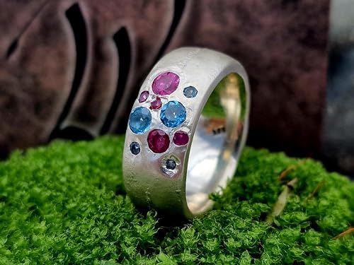 LeoLars-PABE Jeans Sandguss Design Ring, Gr.61, aus 925er Silber mit Blautopas, Rosa Turmalin und Rubin, massiv, Unikat, Handarbeit