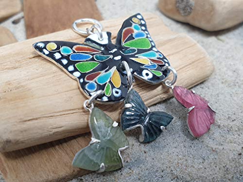 LeoLars-PABE Emaille Schmetterling mit 3 Turmalin Schmetterlingen aus 925er Silber als Anhänger, Unikat, Handarbeit