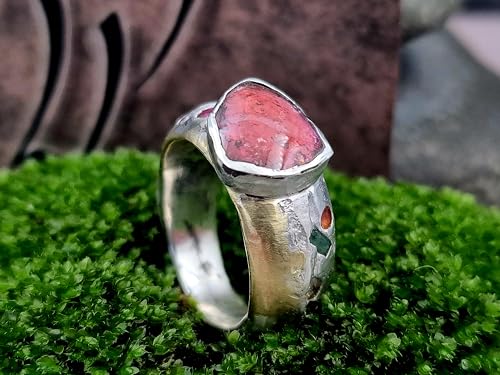 LeoLars-PABE Rosa Turmalin Sandguss Design Ring, Gr.61 (19,2), aus 925er Silber mit 585er Gold und mit eingegossenen Edelsteinen, Unikat, Handarbeit