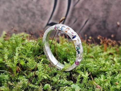 LeoLars-PABE Design Sandguss Ring, Gr. 56-57 (18,2), mit verschieden farbigen eingegossenen Edelsteinen aus 925er Silber, Unikat, Handarbeit