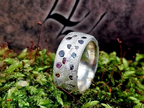 LeoLars-PABE Design Sandguss Ring, Gr.53 (16,8), aus 925er Silber mit eingegossenen echten verschiedenen Edelsteinen, Sandguss Oberfläche, Nr.60, Unikat, Handarbeit