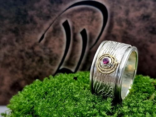 LeoLars-PABE Rubin Spinner Design Ring, Gr.57, aus 925er Silber mit Holzmaserung und 585er Goldschnecke um den Rubin, Unikat, Handarbeit