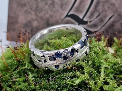 LeoLars-PABE Design Saphir Sandguss Design Herren Ring, Gr.66 (21), mit echten blauen eingegossenen Saphiren aus 925er Silber, Unikat, Handarbeit