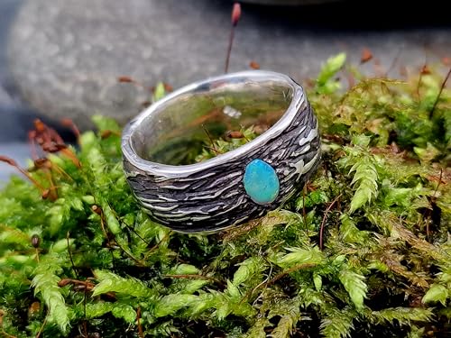 LeoLars-PABE Lightning Ridge Opal Design Ring aus 925er Silber, Gr. 62 (19,8), mit organischer Wurzel Struktur, teilgeschwärzt, Opal mit mehrfarbigem Opalfeuer, Unikat, Handarbeit